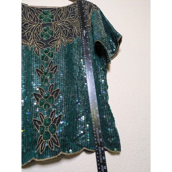 Vintage Blue Green Sequin Silk Top Size Medium Party Y2K Formal Beaded Gatsby - Picture 5 of 10